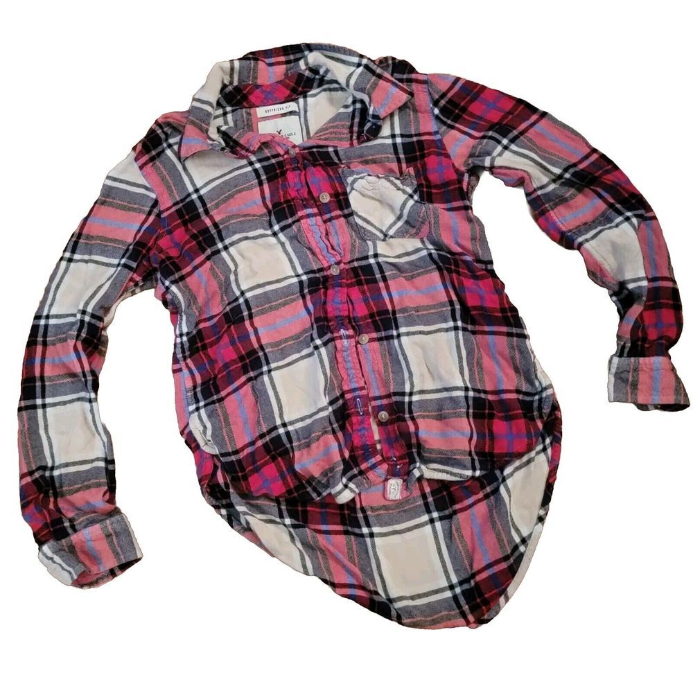 American Eagle Boyfriend Cut Red Plaid Soft Flannel Shirt Size XS 000112